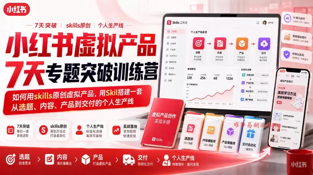 小红书虚拟产品7天专题突破训练营,如何用skills原创虚拟产品,用Skil搭建一套从选题、内容、产品到交付的个人生产线 小红书虚拟产品7天专题突破训练营,如何用skills原创虚拟产品,用Skil搭建一套从选题、内容、产品到交付的个人生产线