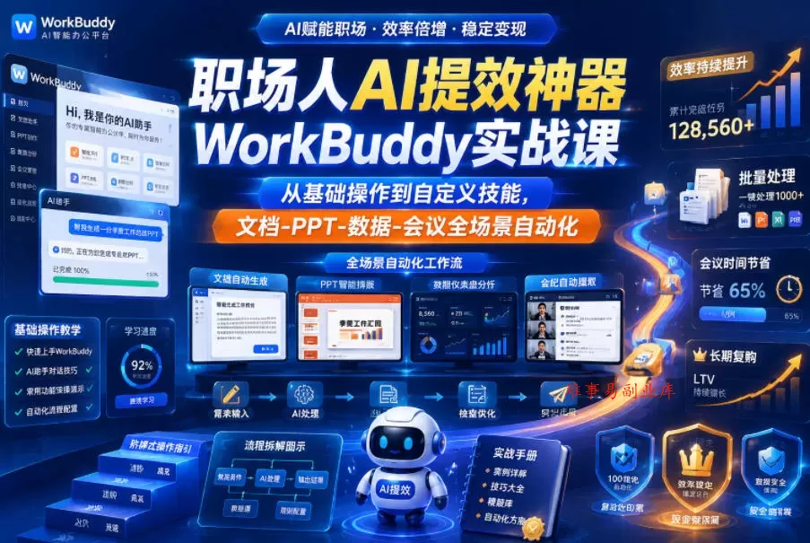 职场人AI提效神器WorkBuddy实战课，从基础操作到自定义技能，文档-PPT-数据-会议全场景自动化-难事易副业库