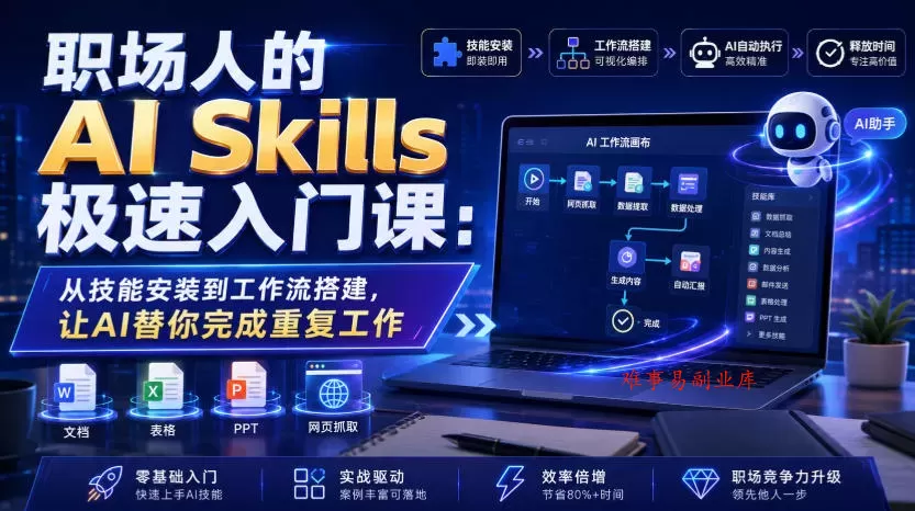 职场人的AI Skills极速入门课：从技能安装到工作流搭建，让AI替你完成重复工作-难事易副业库