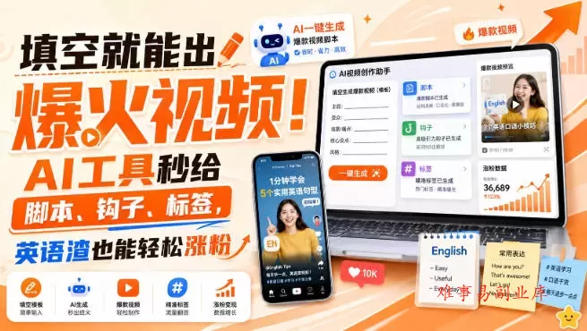 填空就能出爆火视频！AI工具秒给脚本、钩子、标签，英语渣也能轻松涨粉【原创双语字幕】-难事易副业库