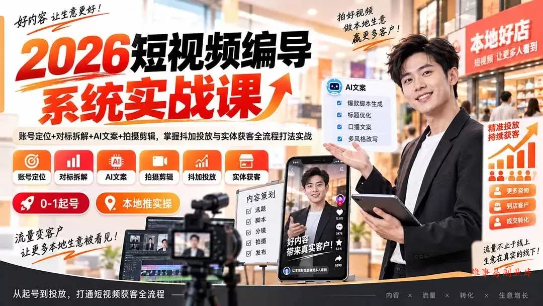 （20305期）2026短视频编导系统实战课：账号定位+对标拆解+AI文案+拍摄剪辑，掌握抖加投放与实体获客全流程打法实战
