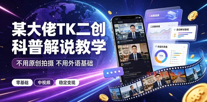 某大佬TK二创科普解说教学，不用原创拍摄不用外语基础，零基础做TikTok中视频稳定变现-难事易副业库