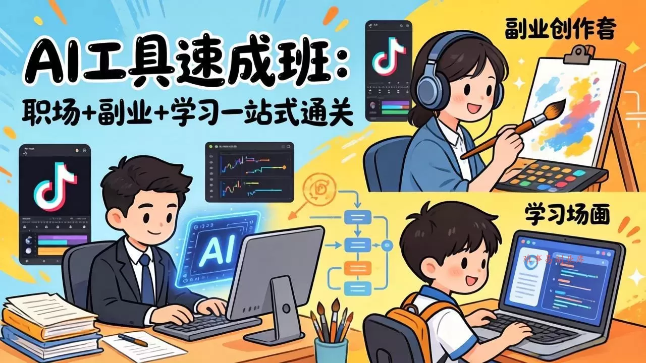 AI工具速成班:职场+副业+学习一站式通关,20+爆款类型+剪映技巧+抖音算法,0基础快速上手-难事易副业库
