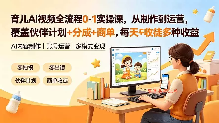 （19236期）育儿AI视频全流程0-1实操课，从制作到运营，覆盖伙伴计划+分成+商单+收徒多种收益，每天500+收益-难事易副业库