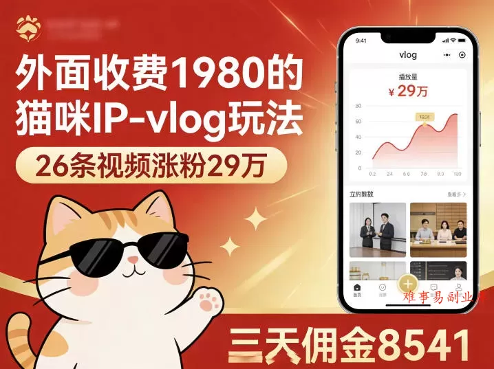 外面收费1980的猫咪IP-vlog玩法，26条视频涨粉29W，三天佣金8541-难事易副业库