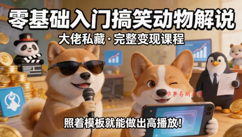 零基础入门搞笑动物解说，大佬私藏完整变现课程，照着模板就能做出高播放-难事易副业库