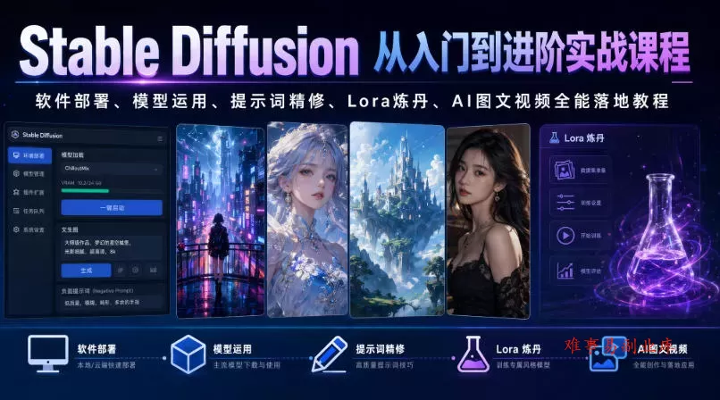 Stable Diffusion从入门到进阶实战课程｜软件部署、模型运用、提示词精修、Lora炼丹、AI图文视频全能落地教程-难事易副业库