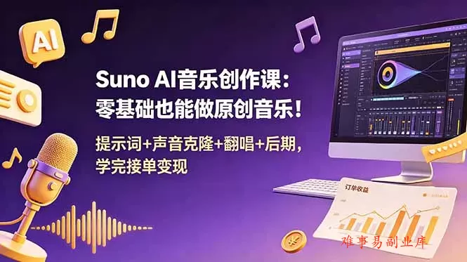 Suno AI音乐创作课：零基础也能做原创音乐！提示词+声音克隆+翻唱+后期，学完接单变现-难事易副业库