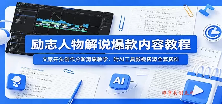 励志人物解说爆款内容教程：文案开头创作分阶剪辑教学，附AI 工具影视资源全套资料-难事易副业库
