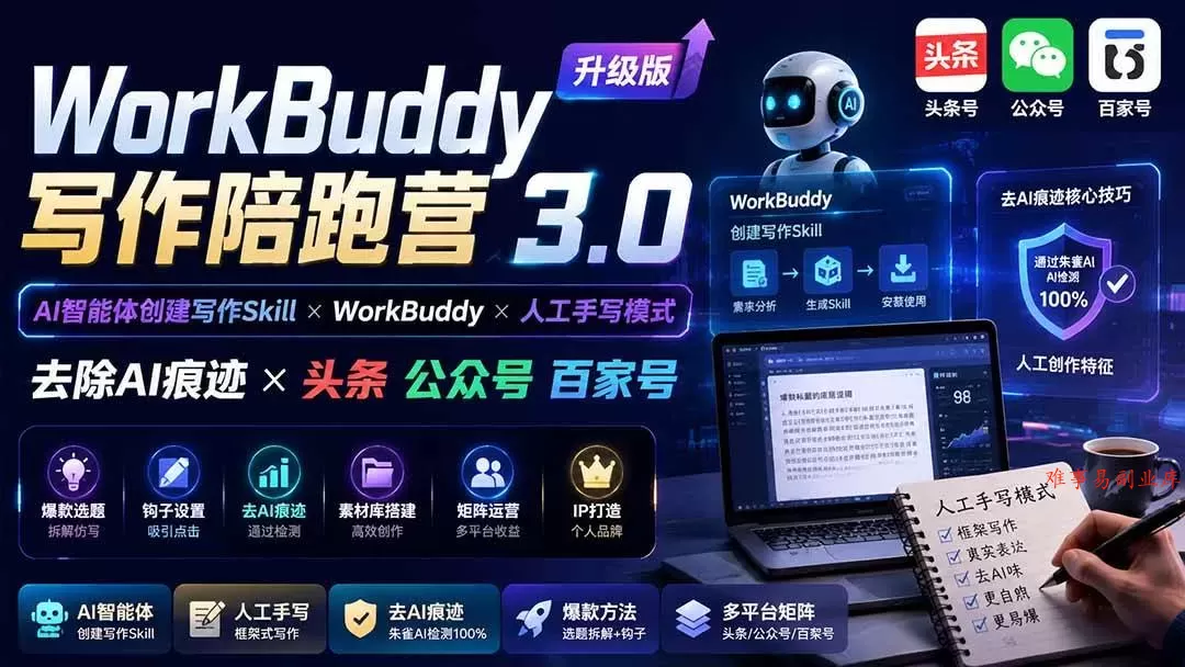 （19920期）WorkBuddy写作陪跑营3.0-更新：Ai智能体创建写作Skill×WorkBuddy×人工手写模式×去除AI痕迹×头条公众号百家号-难事易副业库