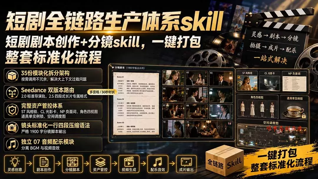 短剧全链路生产体系skill，短剧剧本创作+分镜skill，一键打包，整套标准化流程