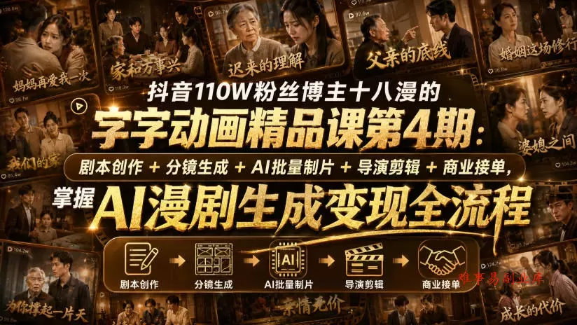 抖音110W粉丝博主十八漫的字字动画精品课第4期：剧本创作+分镜生成+剪辑+商业接单，掌握AI漫剧生成变现全流程-难事易副业库