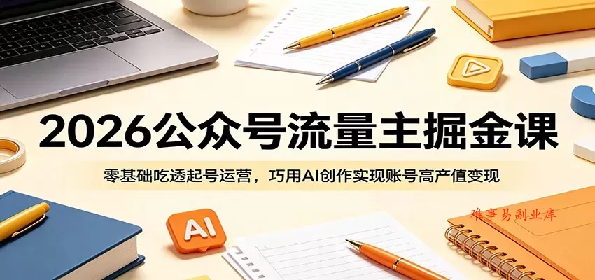 2026公众号流量主掘金课：零基础吃透起号运营，巧用AI创作实现账号高产值变现-难事易副业库