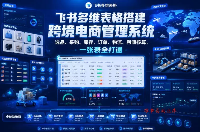 飞书多维表格搭建跨境电商管理系统，选品、采购、库存、订单、物流、利润核算，一张表全打通-难事易副业库