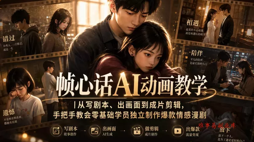 帧心话AI动画教学｜从写剧本、出画面到成片剪辑，手把手教会零基础学员独立制作爆款情感漫剧-难事易副业库