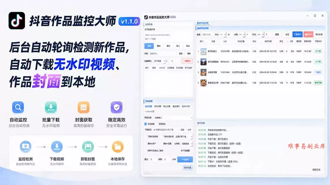 抖音作品监控大师v1.1.0：后台自动轮询检测新作品，自动下载无水印视频、作品封面到本地