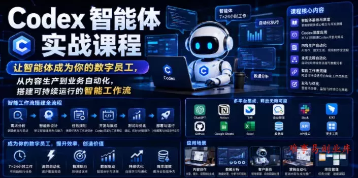 Codex智能体实战课程,让智能体成为你的数字员工,从内容生产到业务自动化,搭建可持续运行的智能工作流 Codex智能体实战课程,让智能体成为你的数字员工,从内容生产到业务自动化,搭建可持续运行的智能工作流