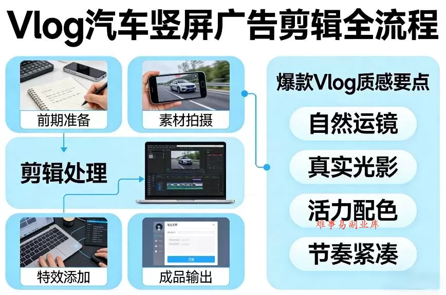 Vlog感觉汽车竖屏广告剪辑脚本全流程，拿捏爆款Vlog质感-难事易副业库