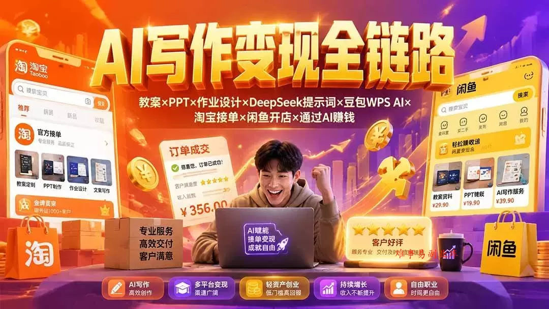 （19561期）2026AI写作变现全链路：教案×PPT×作业设计×DeepSeek提示词×豆包WPS AI×淘宝接单×闲鱼开店×通过AI賺钱-难事易副业库