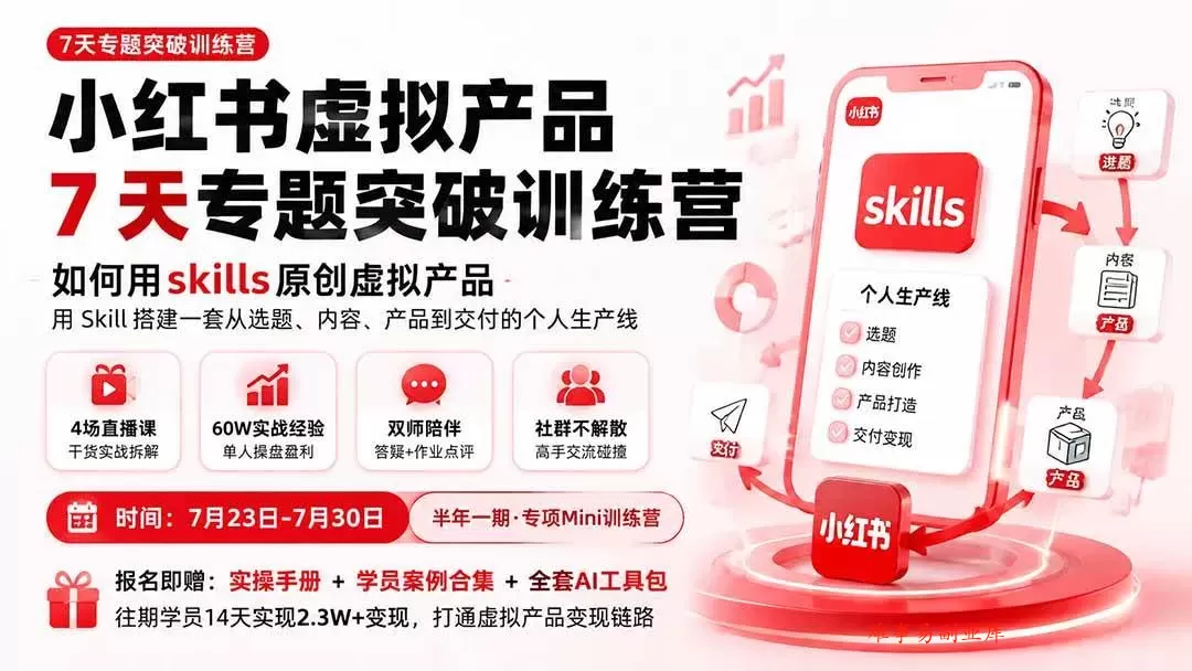 (19817期)小红书虚拟产品7天专题突破训练营,如何用skills原创虚拟产品,用Skil搭建一套从选题、内容、产品到交付的个人生产线 (19817期)小红书虚拟产品7天专题突破训练营,如何用skills原创虚拟产品,用Skil搭建一套从选题、内容、产品到交付的个人生产线