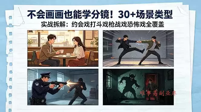 (18591期)不会画画也能学分镜!30+场景类型实战拆解:约会戏打斗戏枪战戏恐怖戏全覆盖-难事易副业库