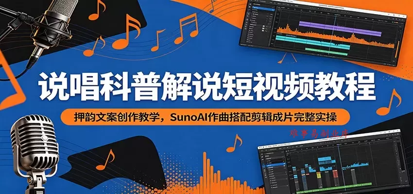 说唱科普解说短视频教程：押韵文案创作教学，SunoAI作曲搭配剪辑成片完整实操-难事易副业库