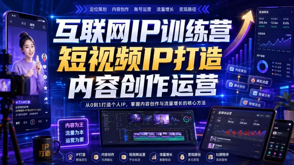 互联网IP训练营，短视频IP打造，内容创作运营-难事易副业库