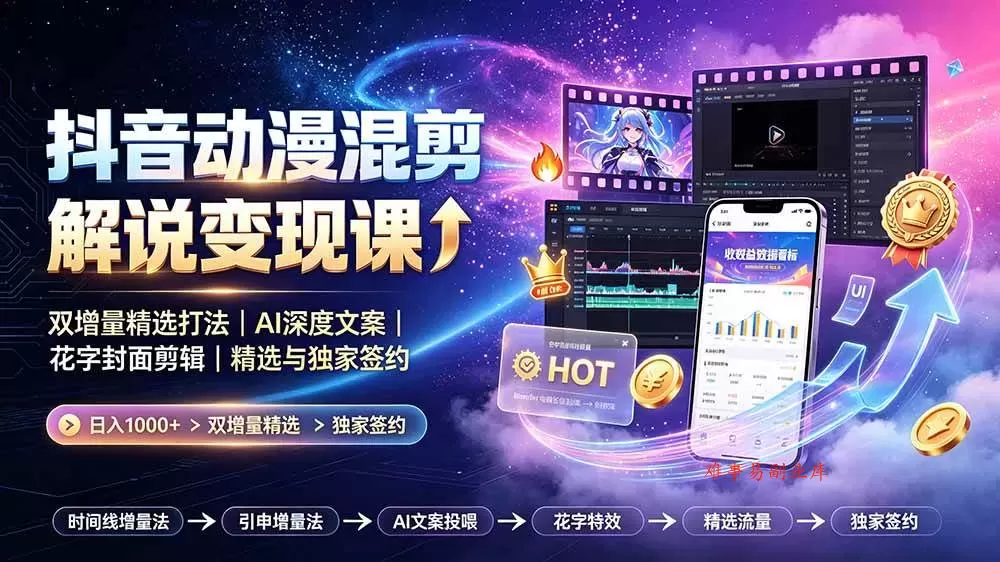 （19311期）抖音动漫混剪解说变现课：双增量精选打法｜AI深度文案｜花字封面剪辑｜ 精选与独家签约日入1000+-难事易副业库