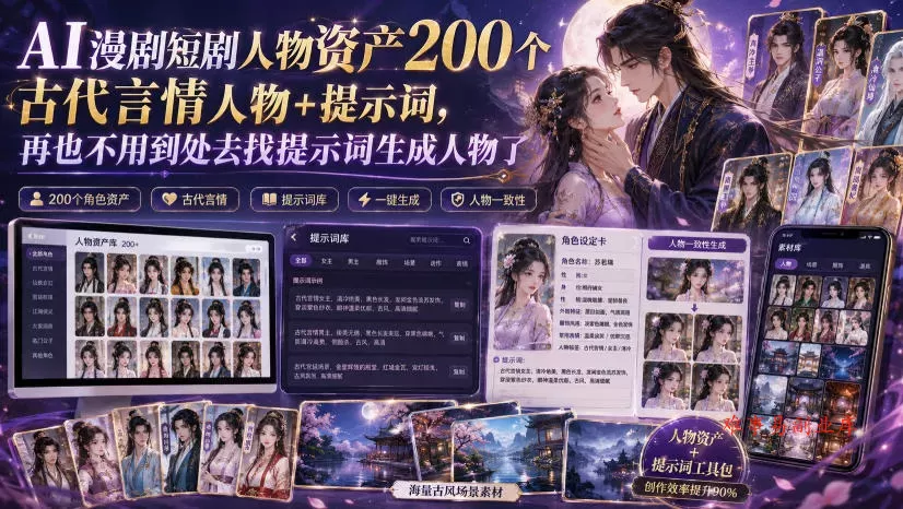 AI漫剧短剧人物资产200个古代言情人物+提示词，再也不用到处去找提示词生成人物了-难事易副业库
