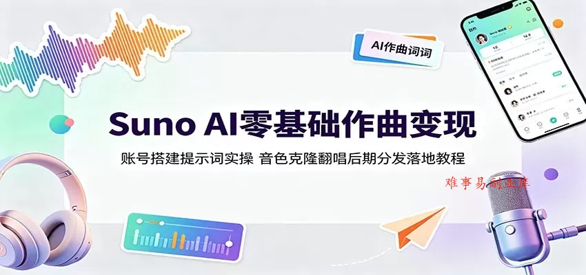 Suno AI零基础作曲变现：账号搭建提示词实操，音色克隆翻唱后期分发落地教程-难事易副业库