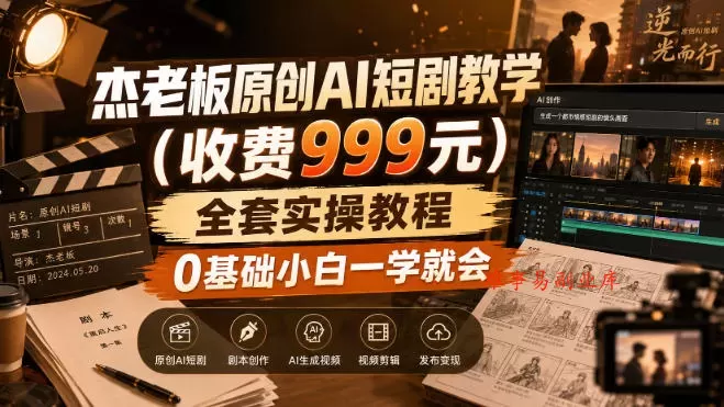 杰老板原创AI短剧教学（收费999元），全套实操教程，0基础小白一学就会，非搬运技术-难事易副业库