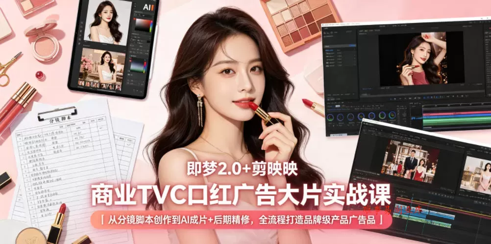 即梦2.0+剪映商业TVC口红广告大片实战课｜从分镜脚本创作到AI成片+后期精修，全流程打造品牌级产品广告-难事易副业库