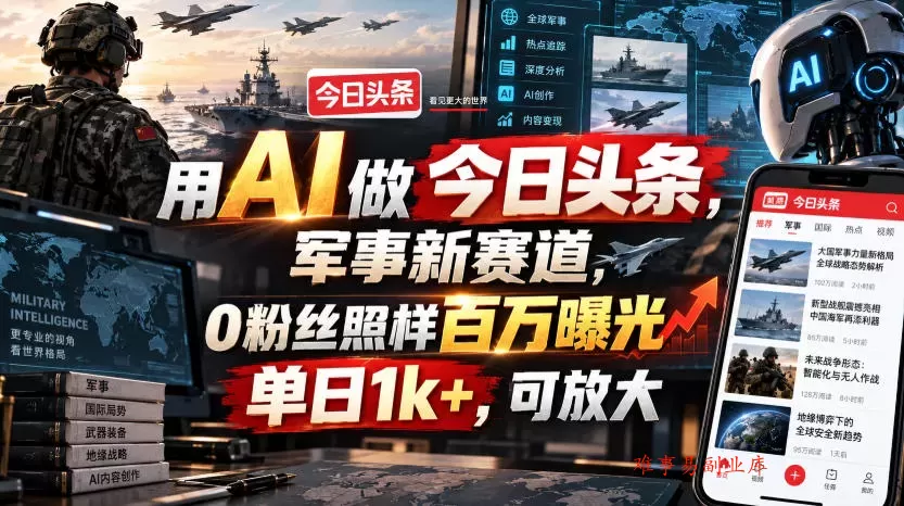 用AI做今日头条，军事新赛道，0粉丝照样百万曝光，单日1k+，可放大-难事易副业库