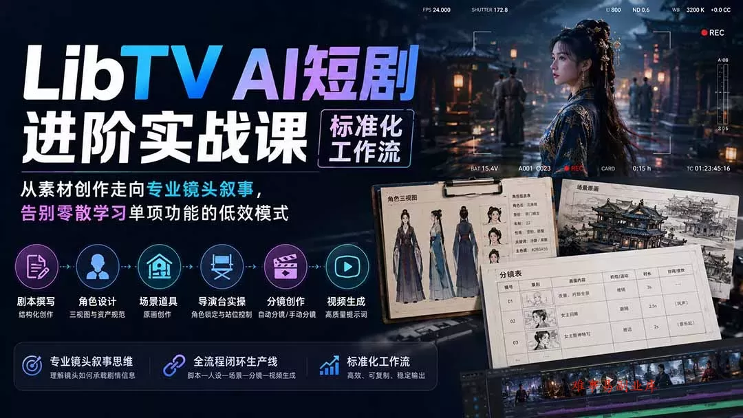 LibTV AI短剧进阶实操课标准化工作流；从素材创作走向专业镜头叙事，告别零散学习单项功能的低效模式-难事易副业库