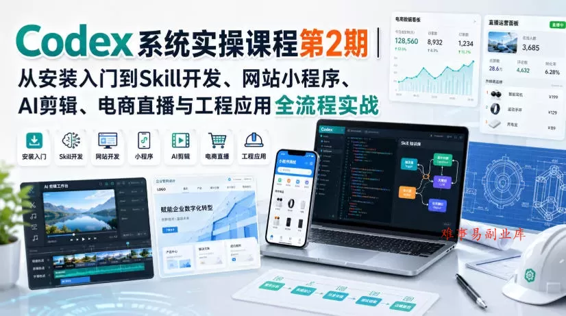Codex系统实操课程第2期｜从安装入门到Skill开发、网站小程序、AI剪辑、电商直播与工程应用全流程实战-难事易副业库