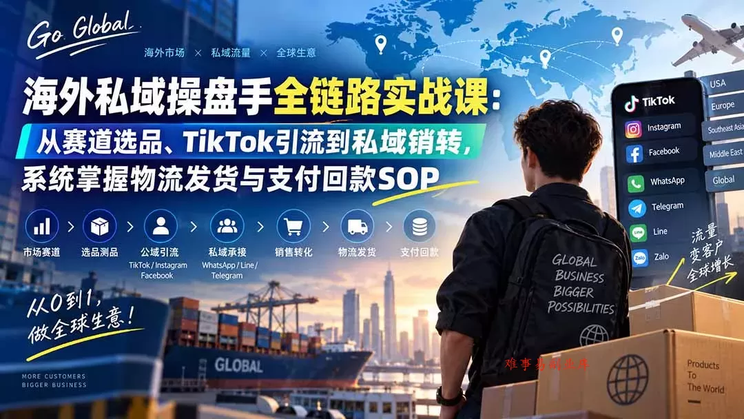 海外私域操盘手全链路实战课：从赛道选品、TikTok引流到私域销转，系统掌握物流发货与支付回款SOP-难事易副业库