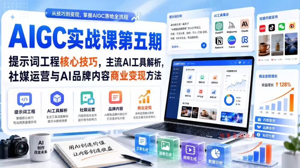 刺猬星球·AIGC实战课第五期，提示词工程核心技巧，主流AI工具解析，社媒运营与AI品牌内容商业变现方法-难事易副业库