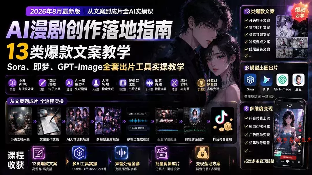 AI漫剧创作落地指南｜13类爆款文案教学，Sora、即梦、GPT-Image全套出片工具实操教学-难事易副业库