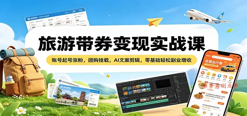 旅游带券变现实战课：账号起号涨粉，团购挂载，AI文案剪辑，零基础轻松副业增收-难事易副业库