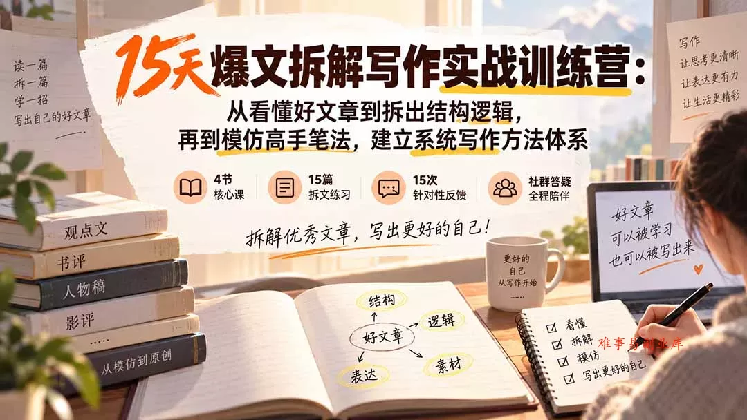 15天爆文拆解写作实战训练营：从看懂好文章到拆出结构逻辑，再到模仿高手笔法，建立系统写作方法体系-难事易副业库