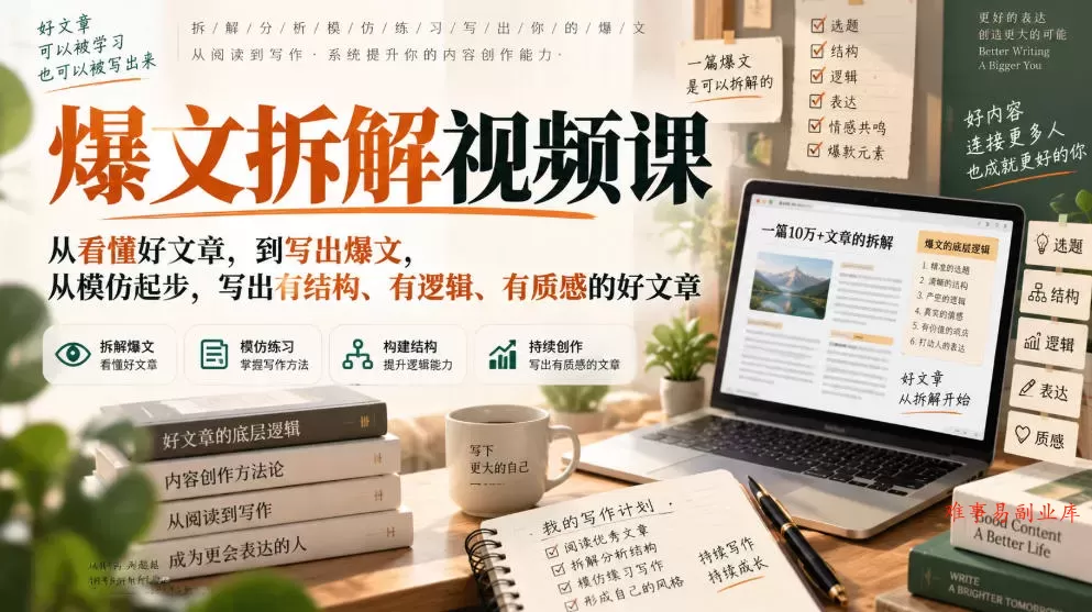 爆文拆解视频课，从看懂好文章，到写出爆文，从模仿起步，写出有结构、有逻辑、有质感的好文章-难事易副业库