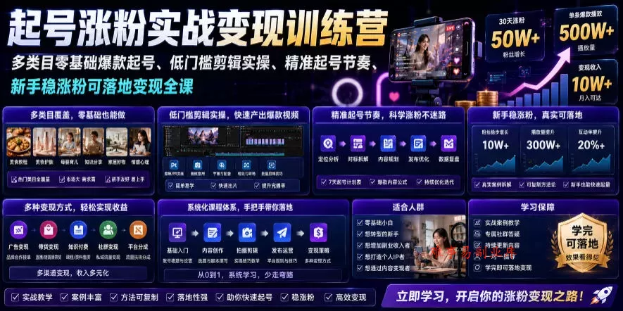 苗子起号涨粉实战变现训练营，多类目零基础爆款起号、精准起号节奏、新手稳涨粉可落地变现全课-难事易副业库