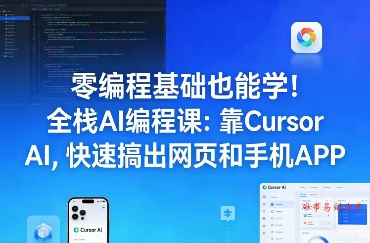 零编程基础也能学！全栈AI编程课：靠Cursor AI，快速搞出网页和手机APP-难事易副业库