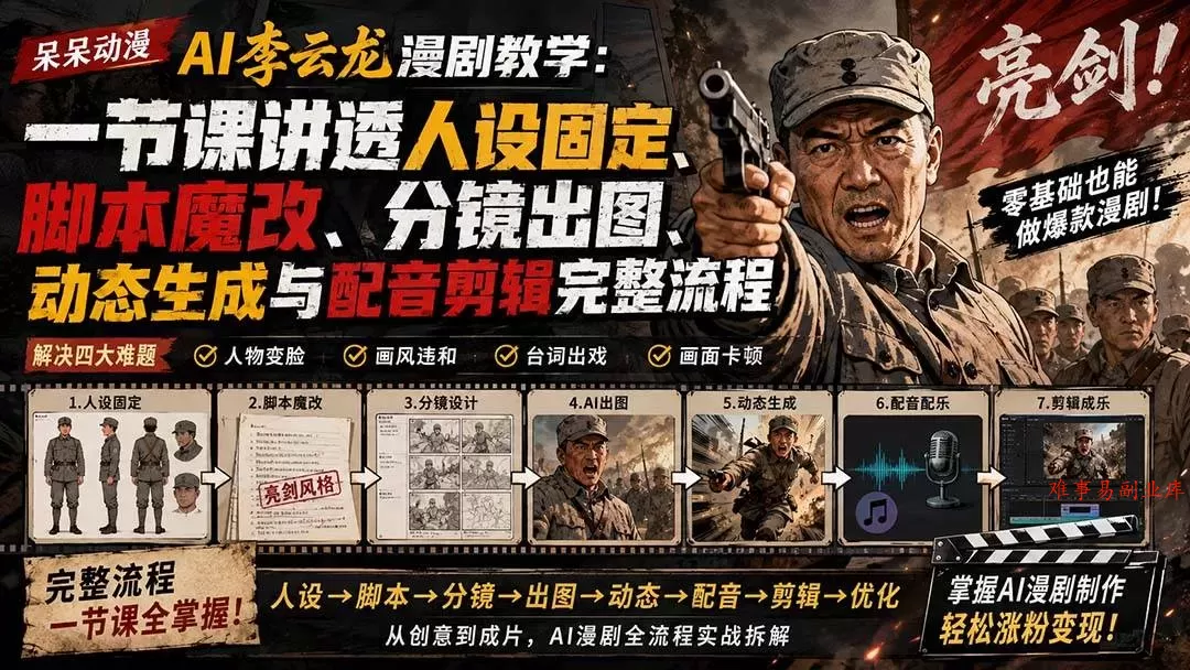 （20107期）呆呆动漫AI李云龙漫剧教学：一节课讲透人设固定、脚本魔改、分镜出图、动态生成与配音剪辑完整流程-难事易副业库