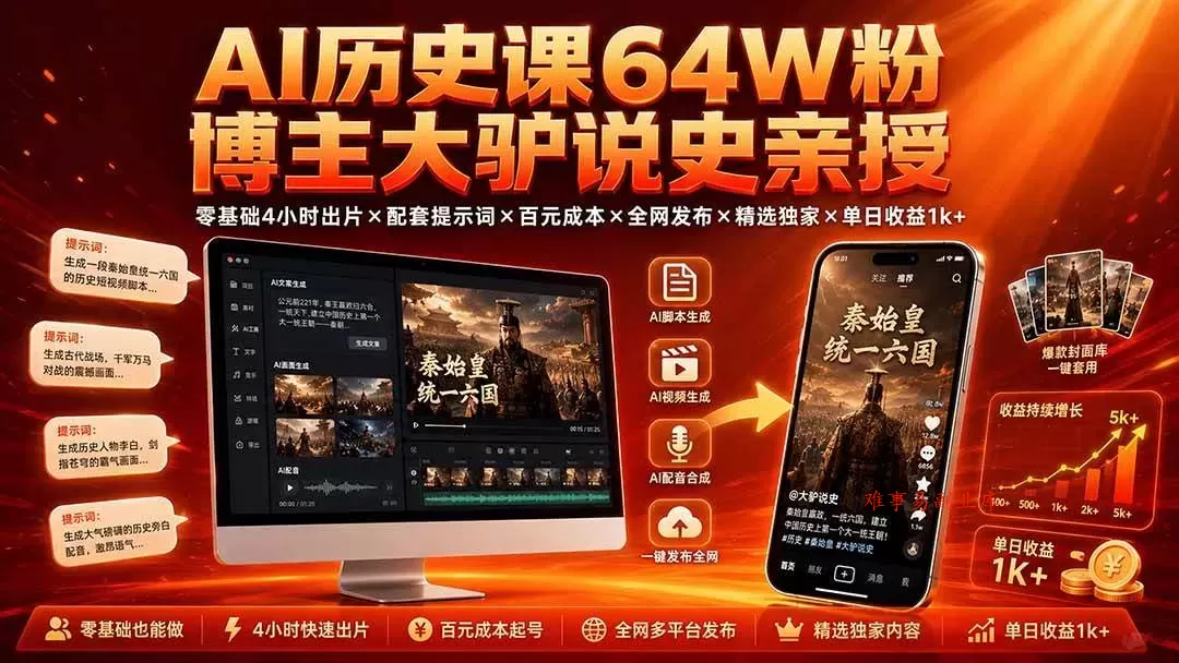 （19557期）AI历史课64W粉博主大驴说史亲授：零基础4小时出片×配套提示词×百元成本×全网发布×精选独家×单日收益1k+-难事易副业库