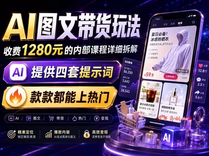AI图文带货内部玩法，1280内部课程对外系统拆解，看完直接上手变现！-难事易副业库