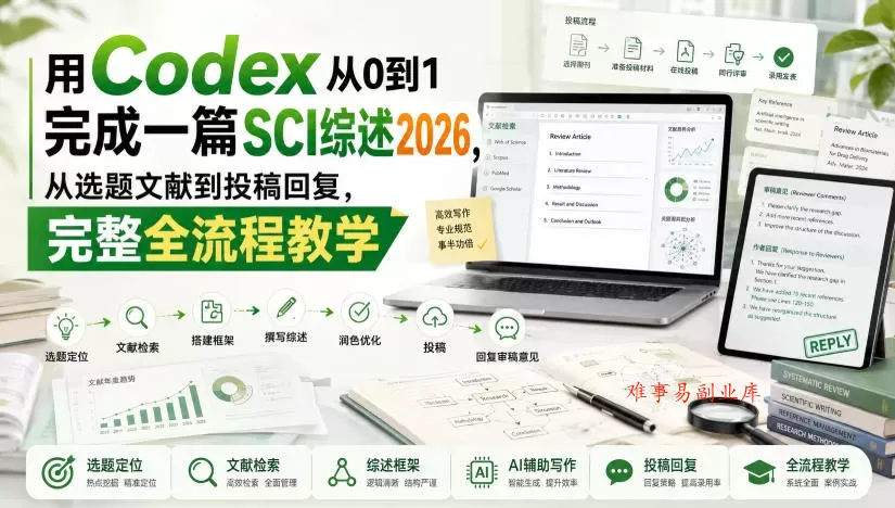 用Codex从0到1完成一篇SCI综述2026，从选题文献到投稿回复，完整全流程教学-难事易副业库