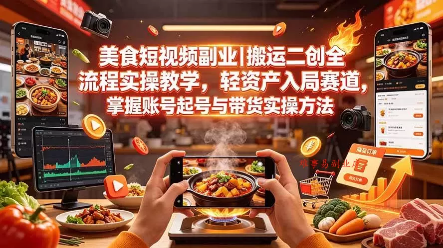 （19535期）美食短视频副业｜搬运二创全流程实操教学，轻资产入局赛道，掌握账号起号与带货实操方法-难事易副业库