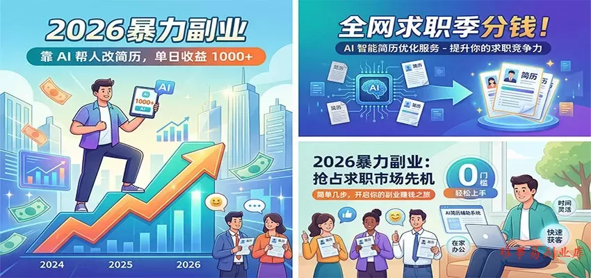 2026暴力副业：靠AI帮人改简历，单日收益1000+，全网求职季分钱-难事易副业库