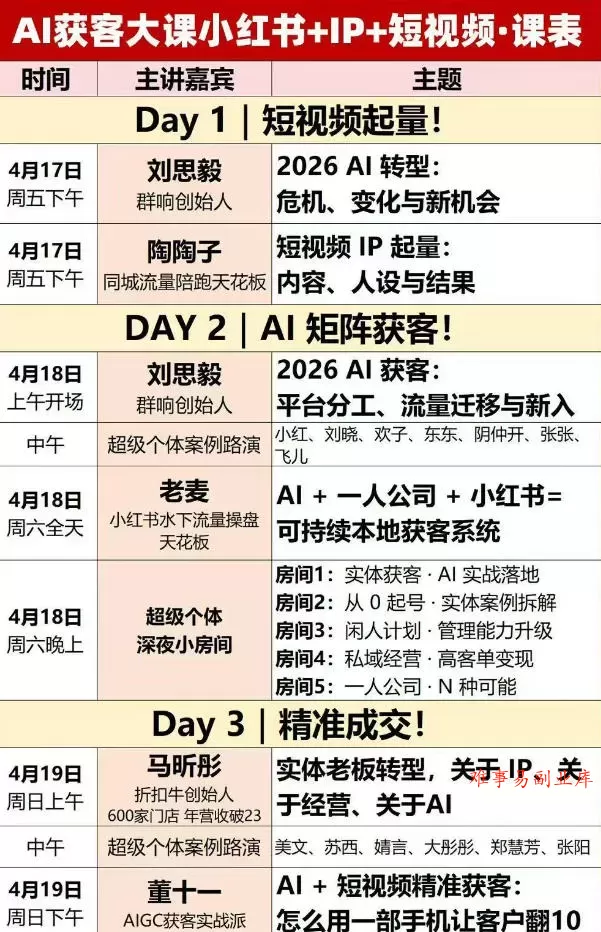 AI获客大课小红书+IP+短视频3天2夜线下课，用最真实的一线案例，最前沿的AI工具，最有效的流量打法